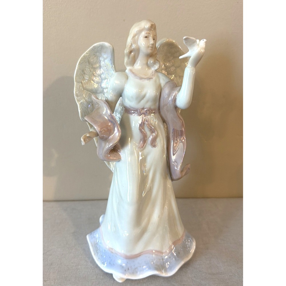 Vintage 9.5" ANGEL WITH WINGS Holding a Dove - Wind- Up Musical Figurine EUC